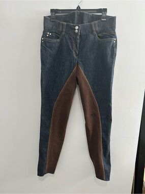 HKM Equestrian Denim Full Seat Riding Breeches Blue Brown US 34 NWOT